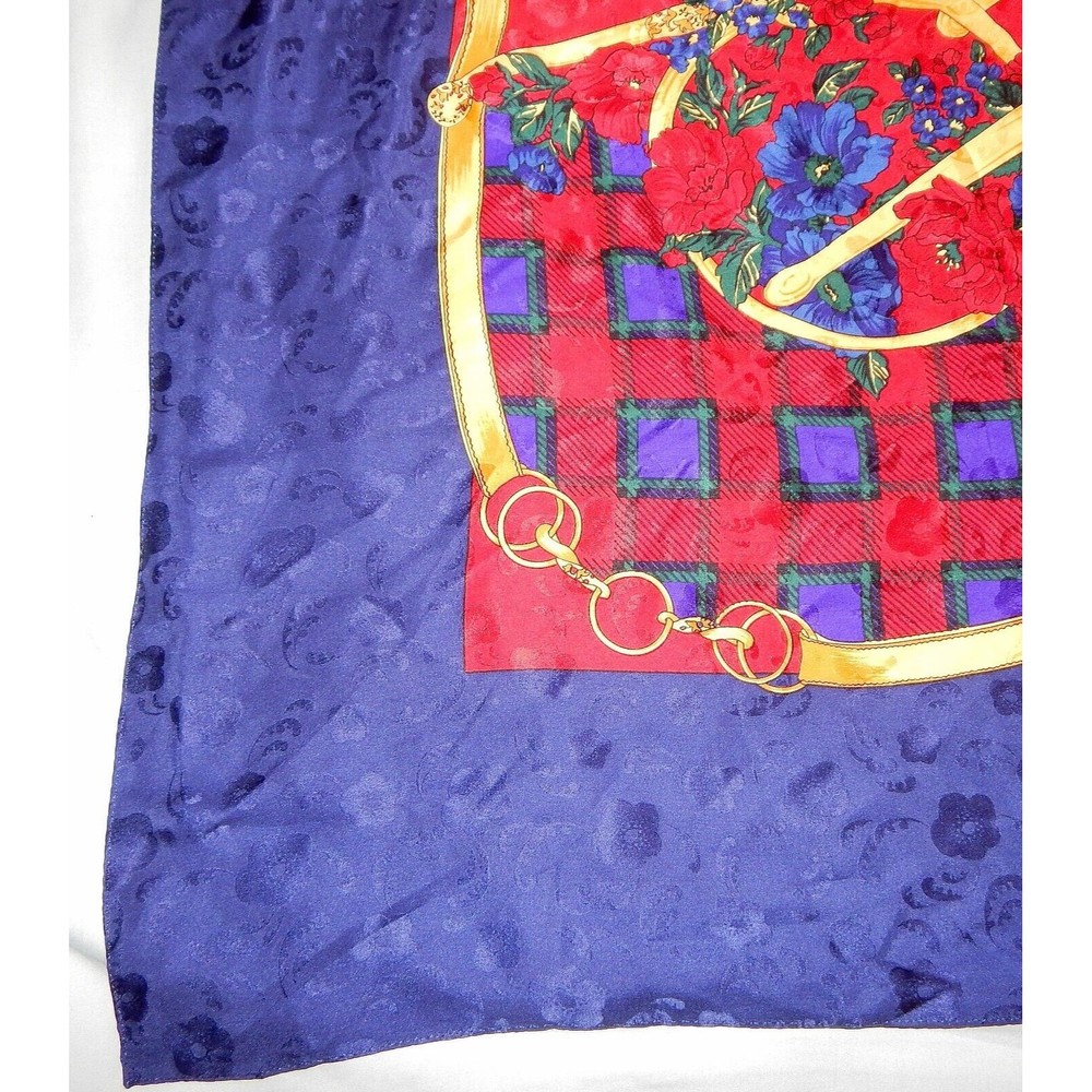 Ricki Freeman For Teri Jon Floral Silk Scarf Navy Red Gold Plaid Korea - Picture 5 of 16